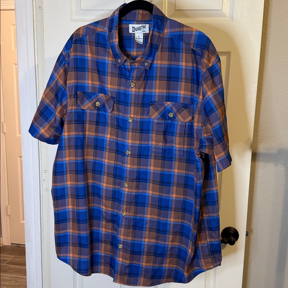 Duluth Trading Co Men's Breezeshooter Relaxed Fit Shirt Blue Plaid Print